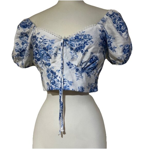 Babydoll Shirt Boho Milkmaid Coquette Floral Puff Sleeves Lace Cropped Smocked S - Picture 1 of 11